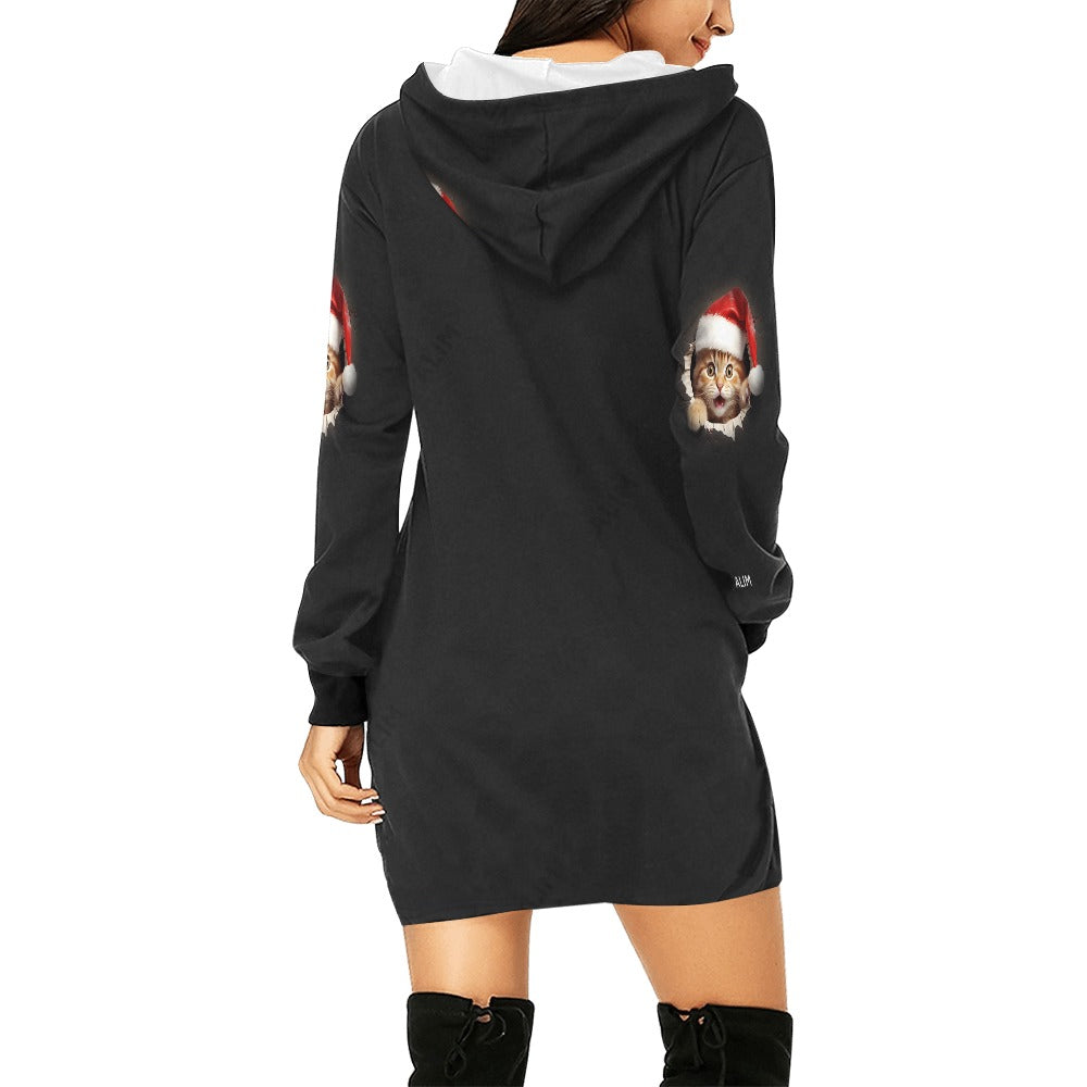 ALIM4U-Kitten in Christmas Stocking Women's All Over Print Hoodie Mini Dress(Model H27)
