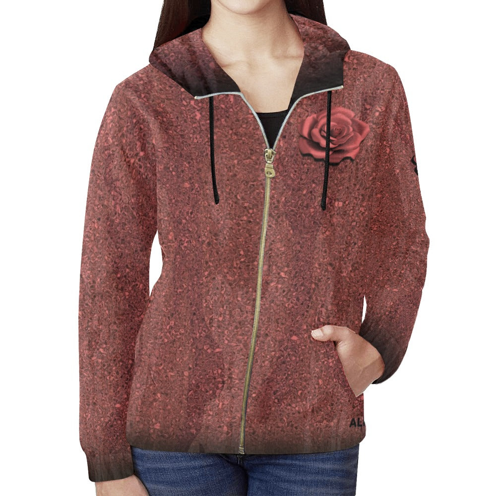 Red floral-patterned hoodie with a rose design on a white background