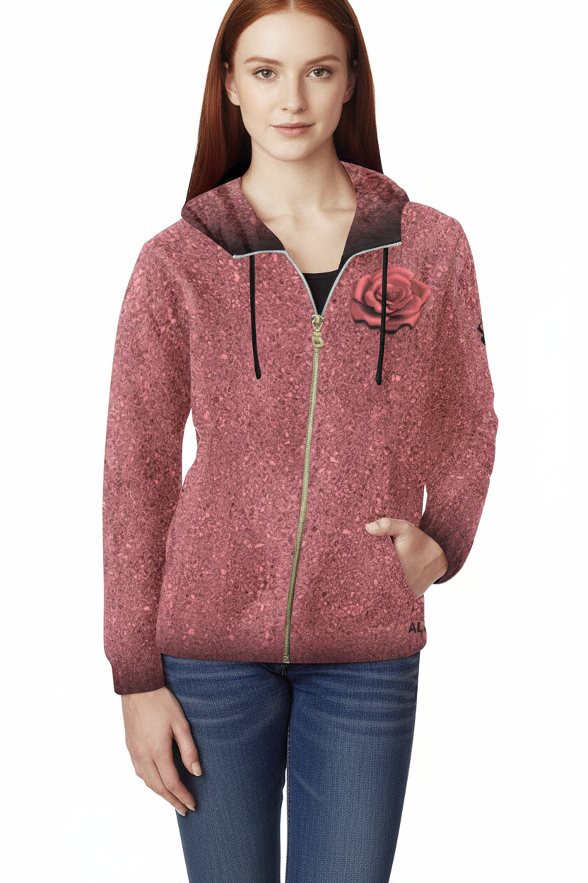 Red floral-patterned hoodie with a rose design on a white background