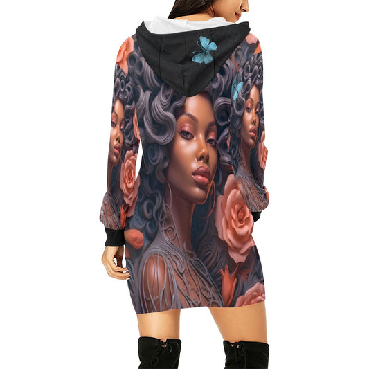 ALIM4U- (Back and Sleeves) Black Woman 4 Women's All Over Print Hoodie Mini Dress(Model H27)