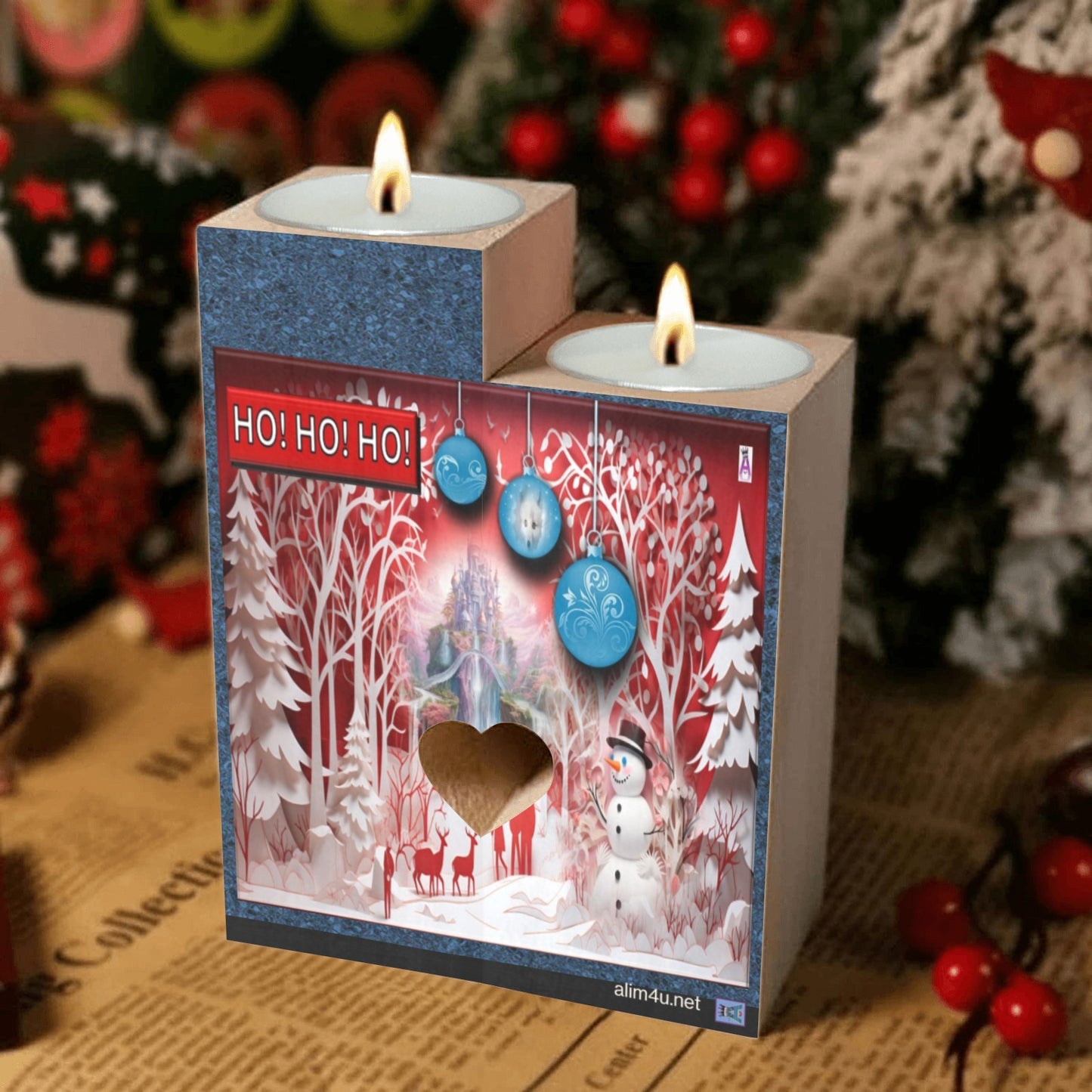 ALIM4U- Christmas Scenery Wooden Heart Candle Holder