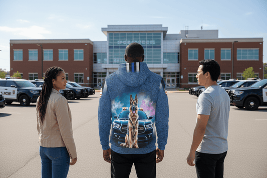 Hoodie with a police car and German Shepherd design on a white background