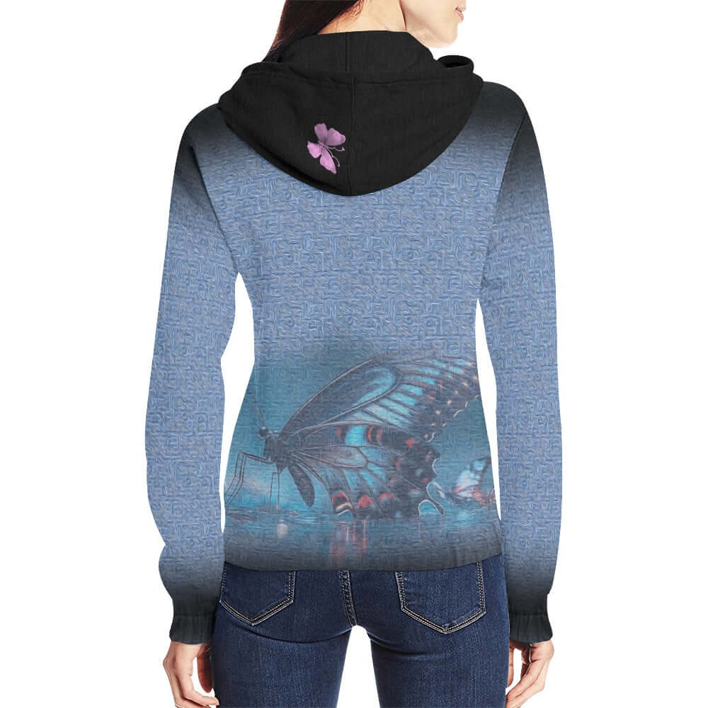Blue Zip-Up Hoodie Black Trim Multi-Colored Butterflies