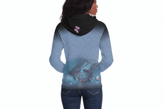 Blue Zip-Up Hoodie Black Trim Multi-Colored Butterflies