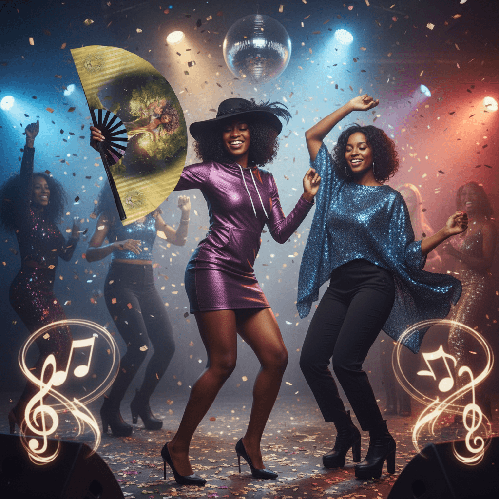 Two women dancing in a disco setting with confetti and music notes.