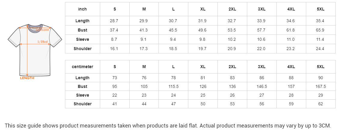 Size chart for a t-shirt with measurements in inches and centimeters.