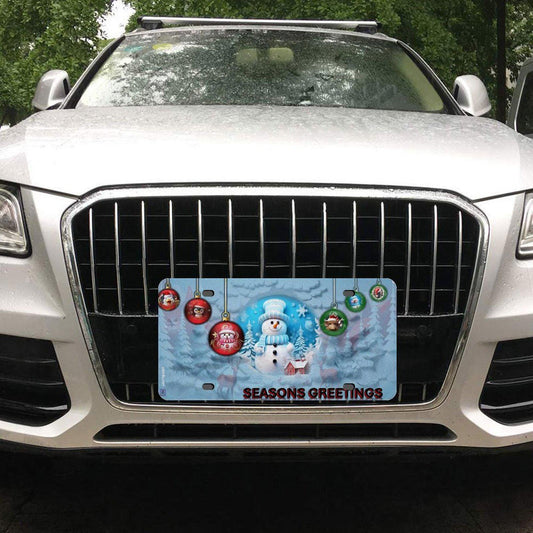 Hanging Christmas ornaments, a snow man, blue tinted snow Car License Plate-11.8”x5.9”