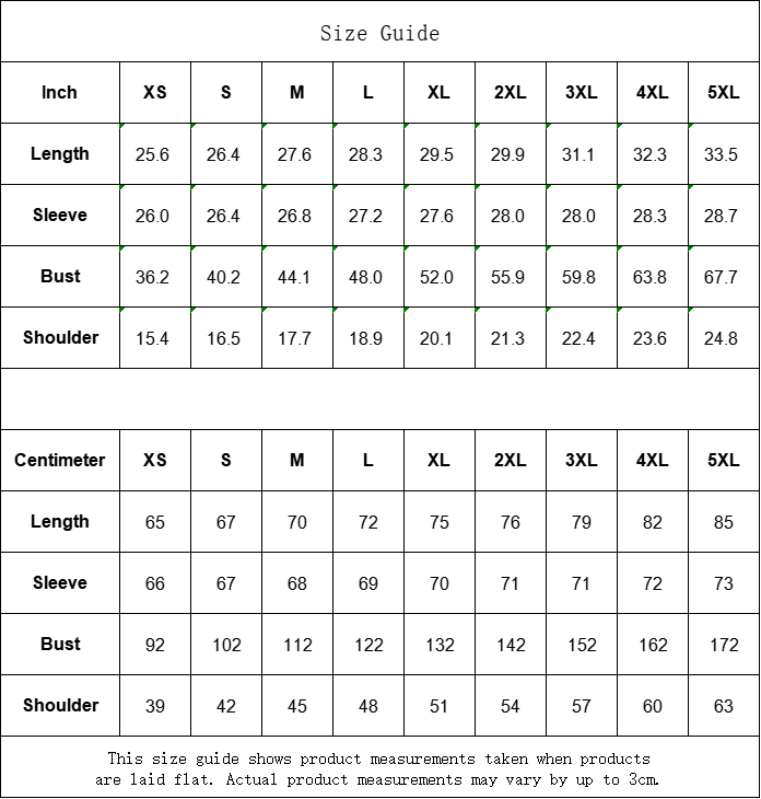Size guide chart for clothing measurements in inches and centimeters.