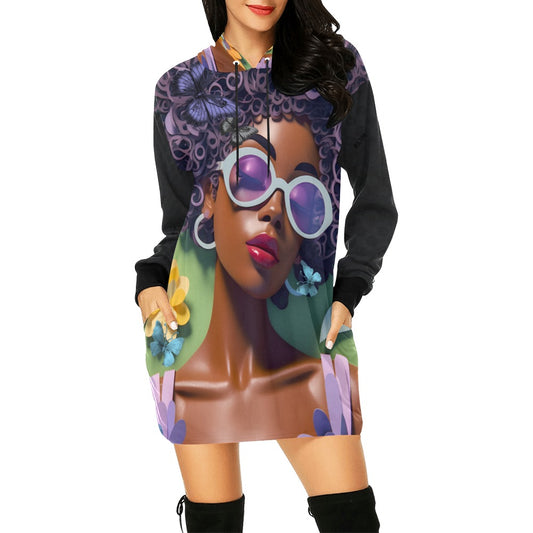 ALIM4U- Black Woman 1 Women's All Over Print Hoodie Mini Dress(Model H27)
