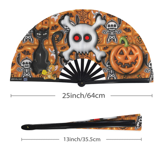 Halloween-themed folding fan with measurements on a white background