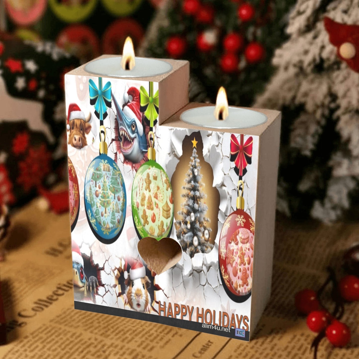 ALIM4U- Christmas Ornaments 1 Wooden Heart Candle Holder