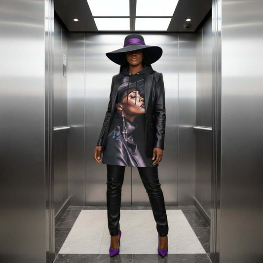 Mini Dress Black 8 Black Woman Face Multi-colored Black hoodie dress with a graphic of a woman's face on a white background
