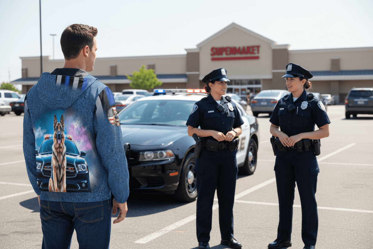 Denim jacket with a police car and dog design on the back, worn by a person.