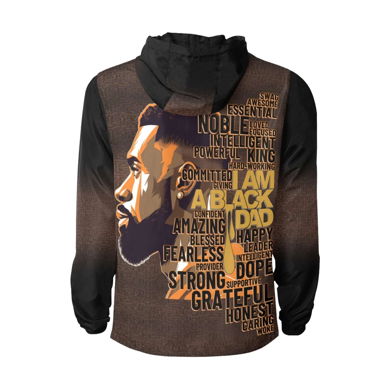 Hoodie with text and graphic design on the back, featuring a stylized face.