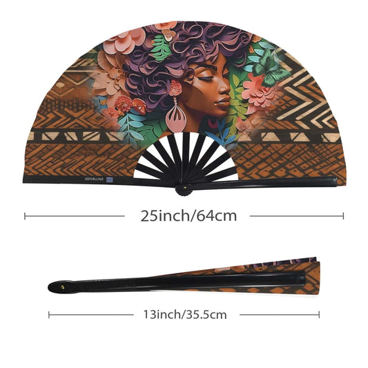 Folding Clack Fan 45 Multi Colored Floral Butterflies Decorative fan with artistic design of a woman's face and floral patterns, shown open and closed with measurements.