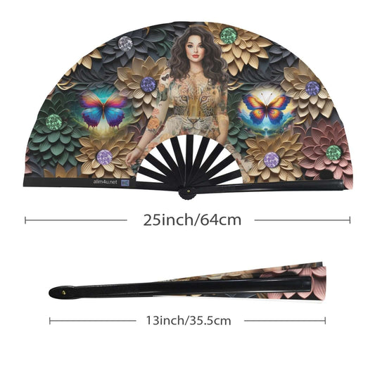 Folding Clack Fan 61 multi colored floral butterflies Decorative fan with artistic design, including a woman, butterflies, and flowers, with measurements displayed.