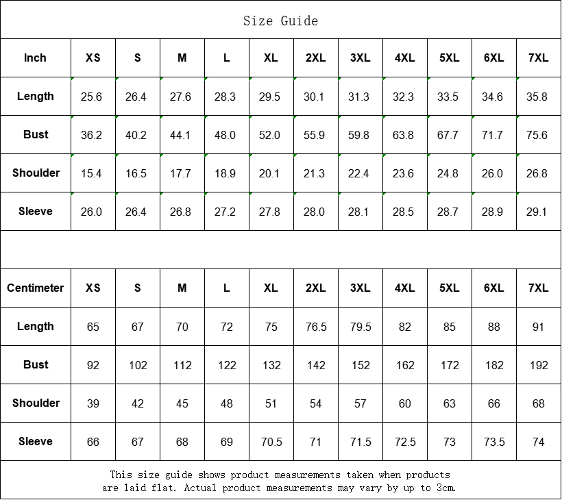 Size guide chart for clothing measurements in both inches and centimeters.