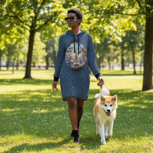 Mini Dress Images of Paris Eiffel Tower Image Multi-Colored Blue hoodie dress with Eiffel Tower design worn by a model on a white background