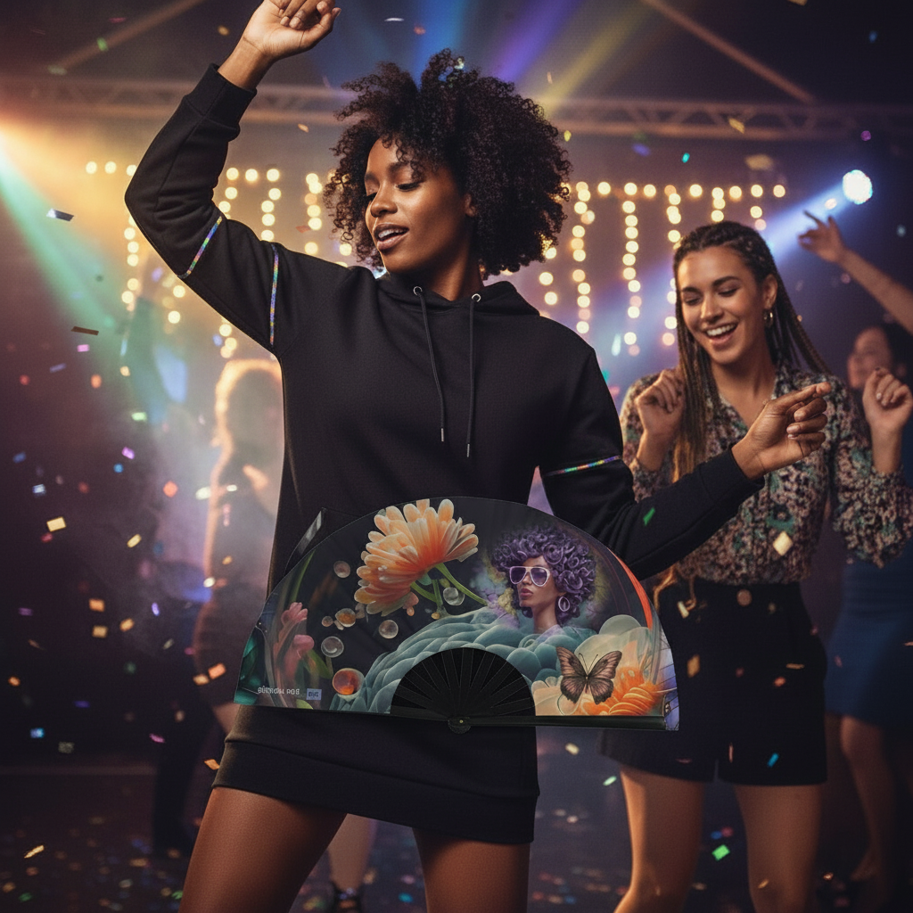 Woman holding a colorful fan with artistic design in a festive setting with confetti and lights.