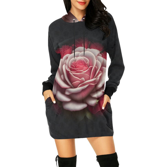 ALIM4U- Large Pink and Red Roses Women's All Over Print Hoodie Mini Dress(Model H27)