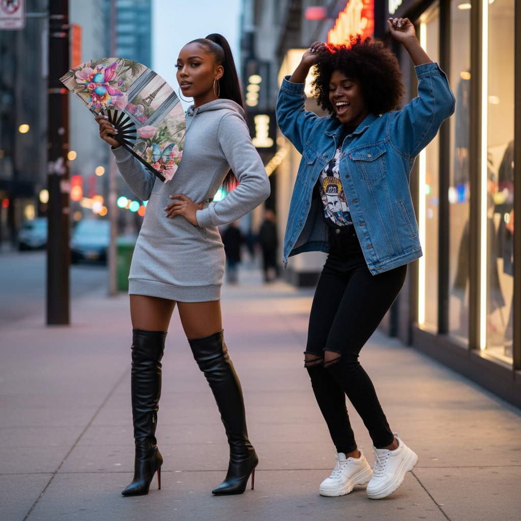 Two women posing on a city street at night.