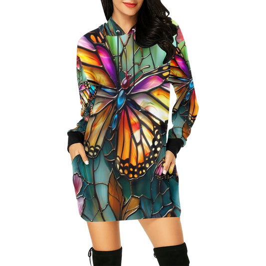 ALIM4U- Stained Glass Monarchs 2 Women's All Over Print Hoodie Mini Dress(Model H27)