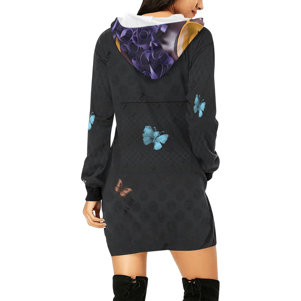 ALIM4U- Black Woman 5 Women's All Over Print Hoodie Mini Dress(Model H27)