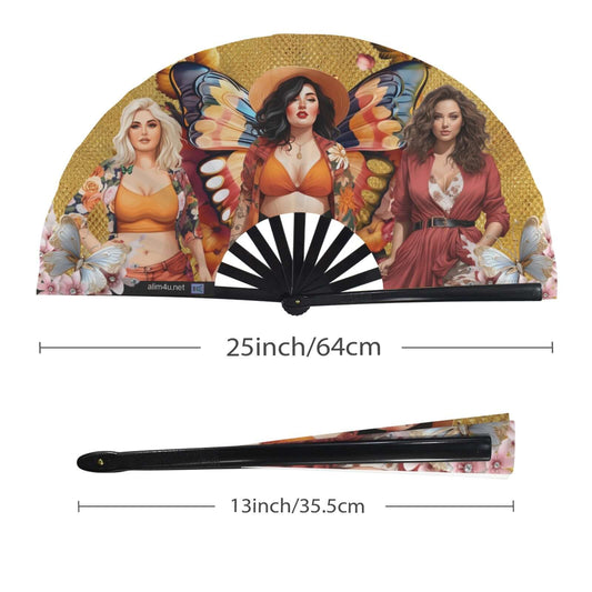 Folding Clack Fan 600 multi colored floral butterflies   Decorative fan with artistic design of three women, measurements, and brand name on a white background