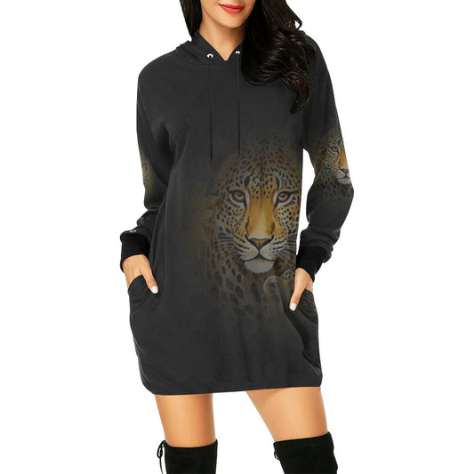 ALIM4U- Leopard on Black Women's All Over Print Hoodie Mini Dress(Model H27)