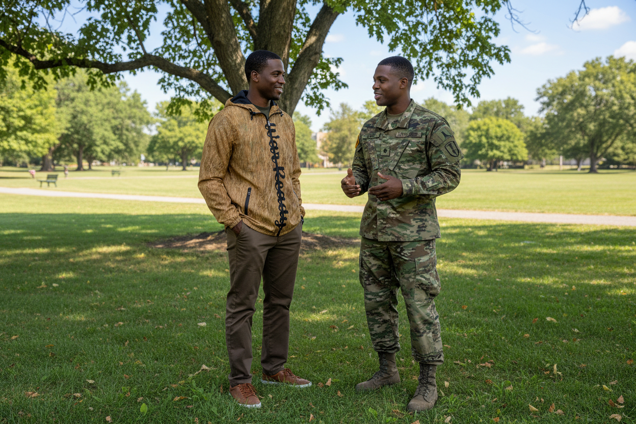 Brown hooded jacket with 'War Ready' text on a grassy background
