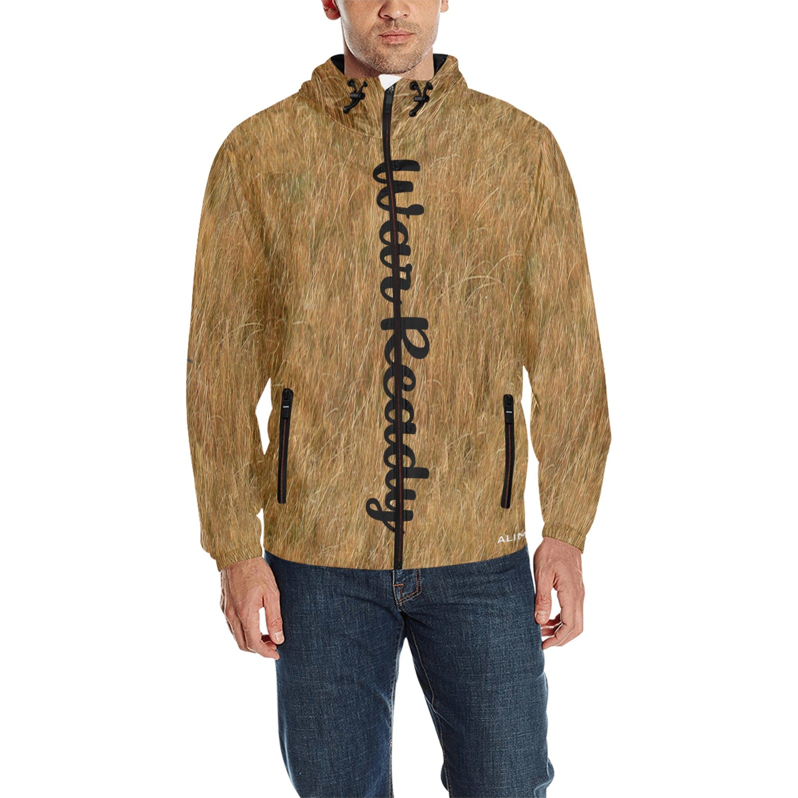 Man wearing a brown textured jacket with text on a white background