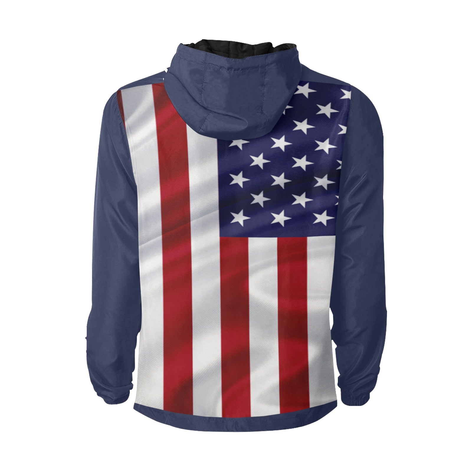 Male hooded windbreaker  with American flag design on back and white text on chest, sleeves and hood.
