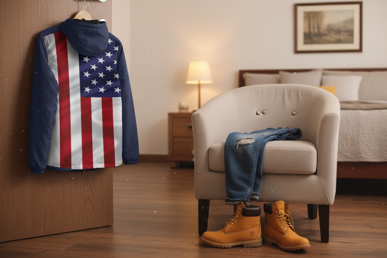 Male hooded windbreaker  with American flag design on back and white text on chest, sleeves and hood.