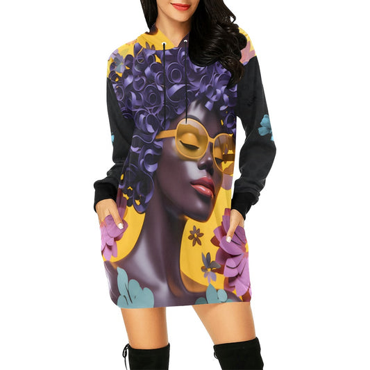 ALIM4U- Black Woman 5 Women's All Over Print Hoodie Mini Dress(Model H27)