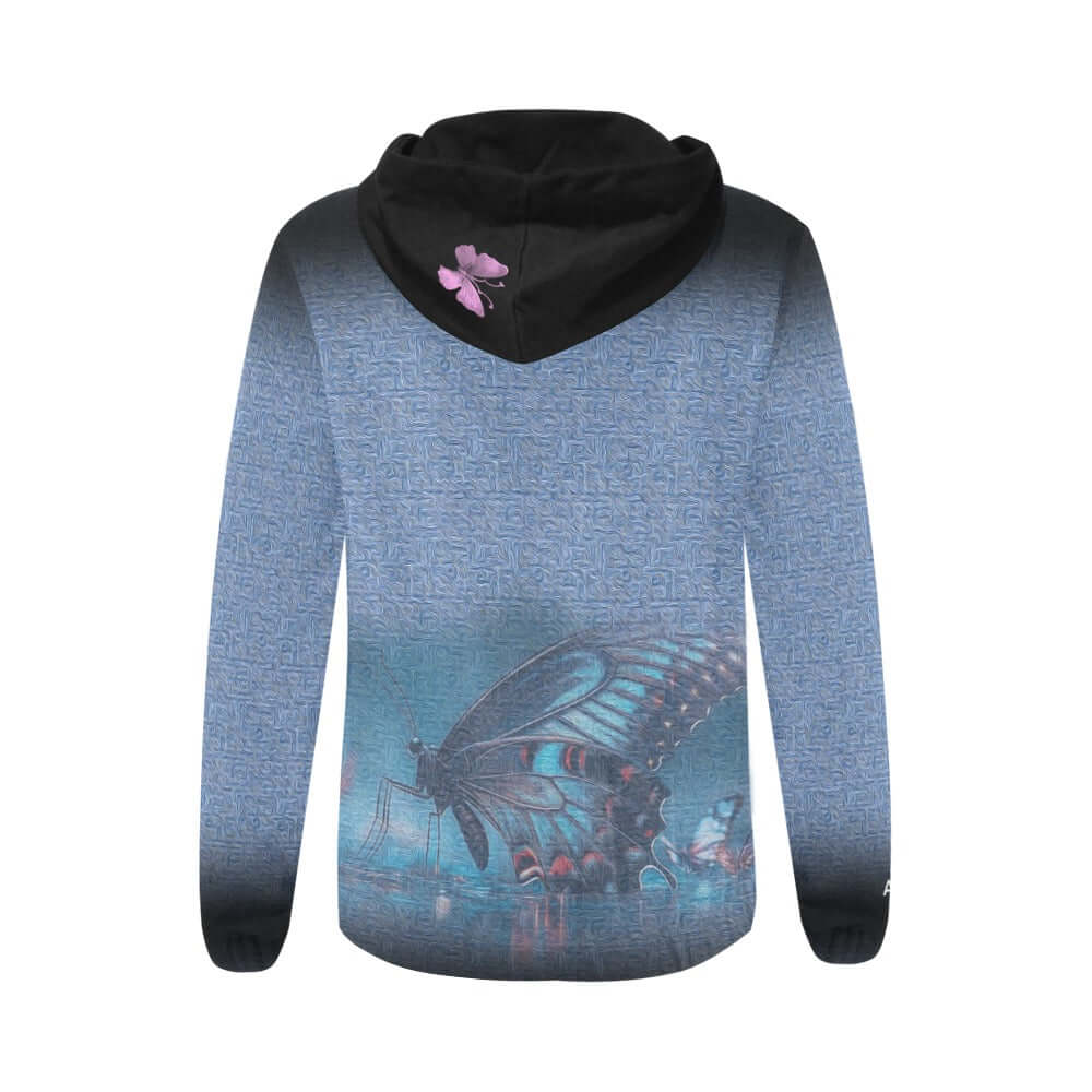 Blue Zip-Up Hoodie Black Trim Multi-Colored Butterflies
