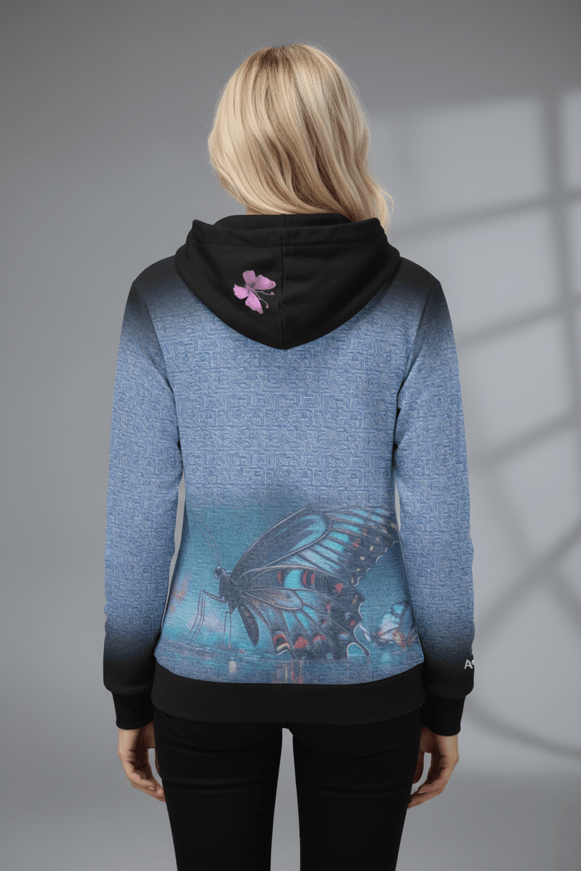 Blue Zip-Up Hoodie Black Trim Multi-Colored Butterflies