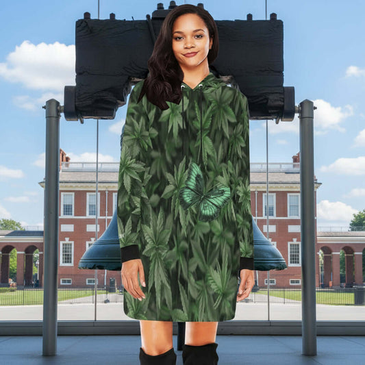 ALIM4U-Black Mini Hoodie Dress with Green Marijuana Leaves 