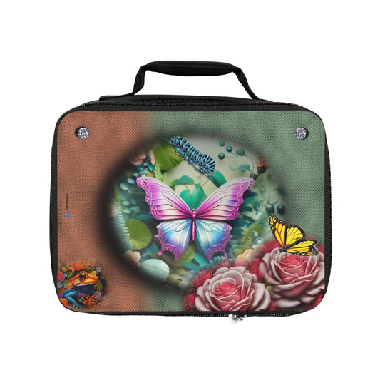ALIM4U- Lunch Bag, Floral Butterfly Frog Caterpillar, Red Green Background, School Work Office Lunchbox, Insulated Tote, Kids Adults Gift,