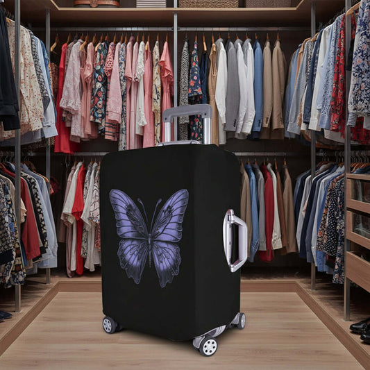 ALIM4U- Purple Monarch Butterfly Luggage Cover Black suitcase with a butterfly design on a white background
