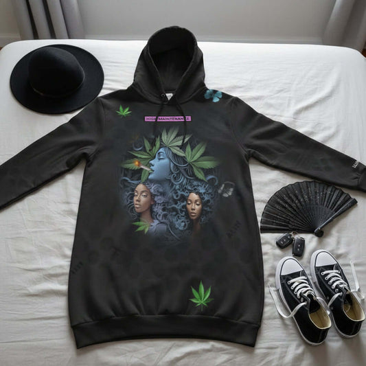 Black Hoodie Mini Dress 7 Marijuana Smoking Women Black hoodie dress with artistic design and cannabis leaves on a white background