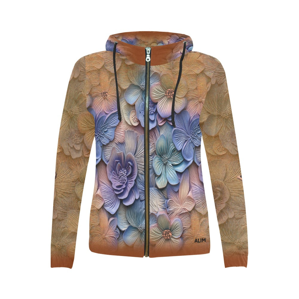 Floral patterned hoodie with a zipper on a white background