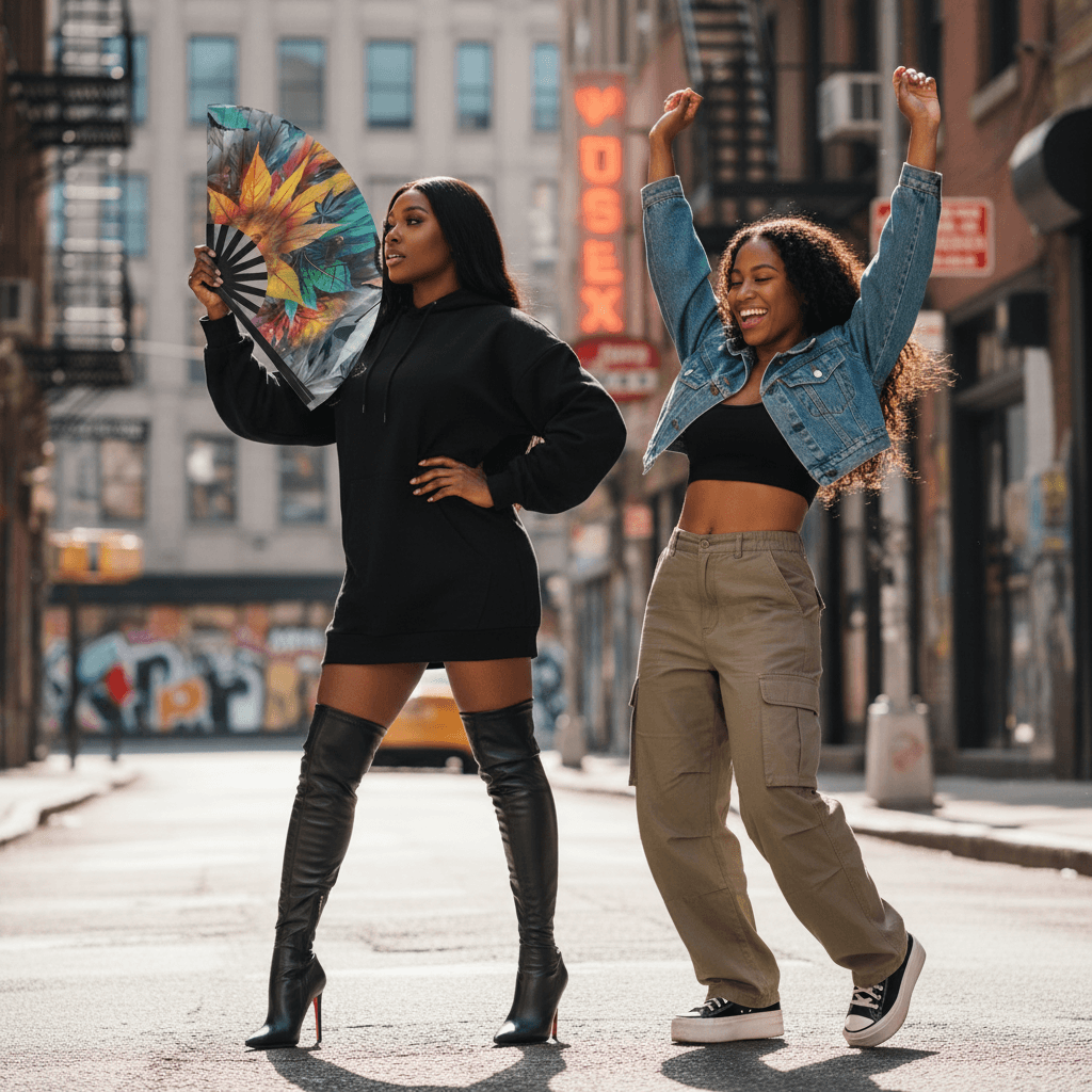 Two women posing on a city street with a colorful fan and casual attire.