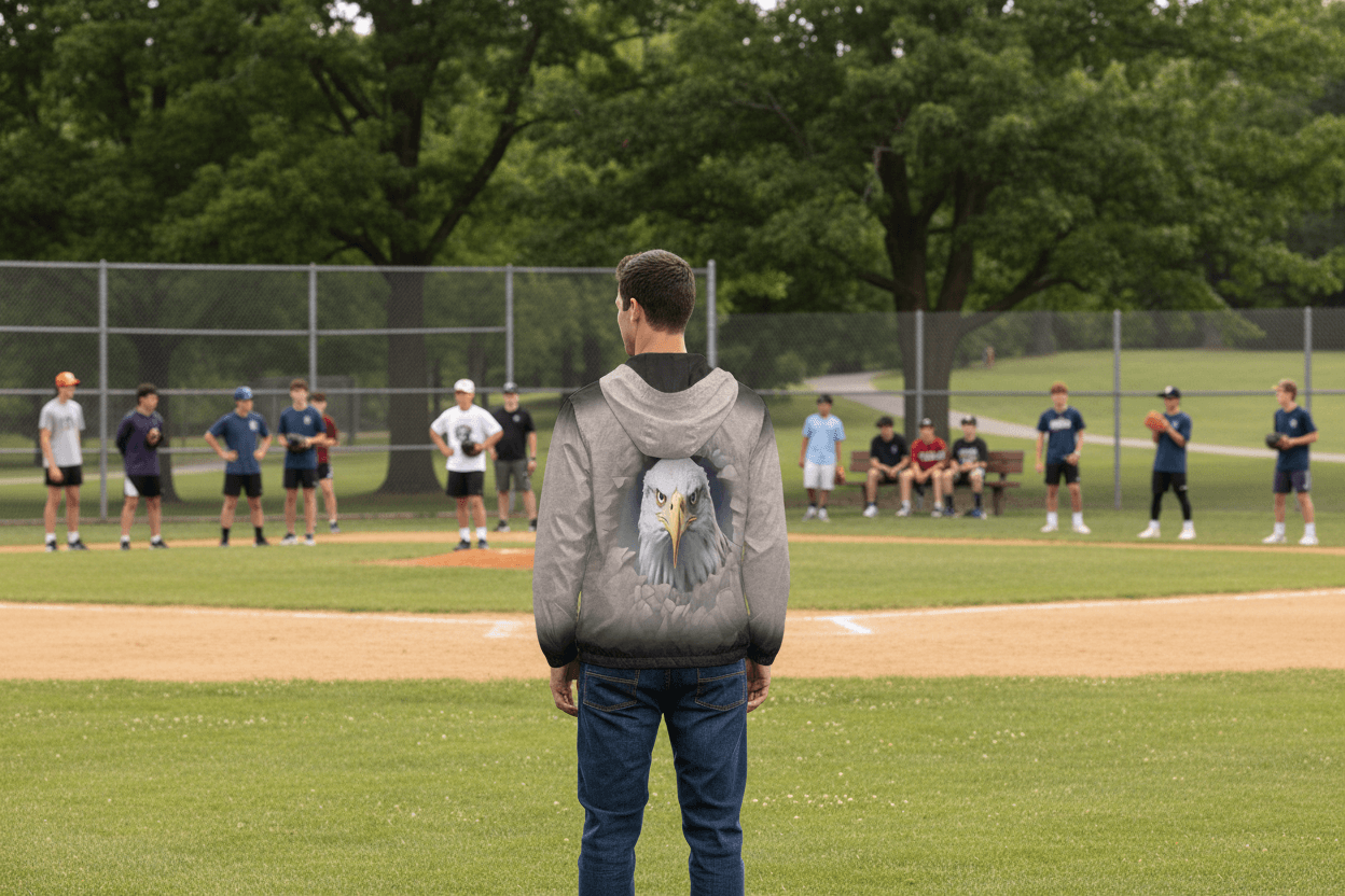 Person wearing a jacket with an eagle design on the back