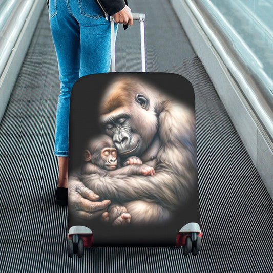 Person pulling a suitcase with a gorilla and baby design on an airport floor.