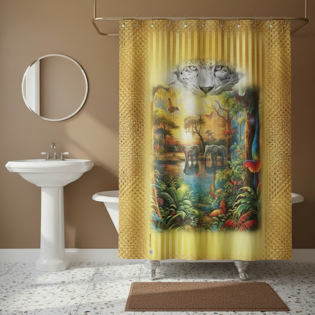 Shower curtain with a jungle design featuring a tiger, placed in a bathroom setting.