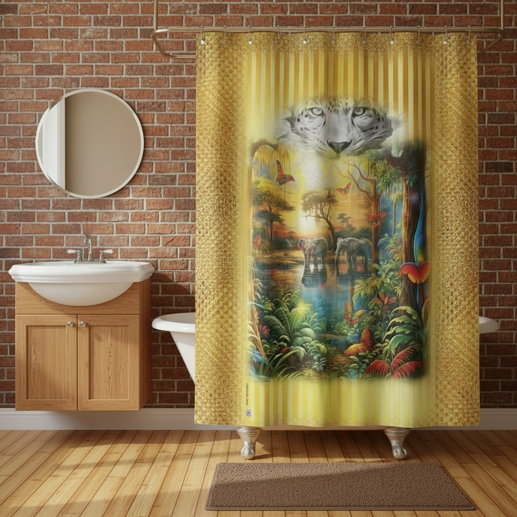 Bathroom with a colorful shower curtain featuring a nature scene.