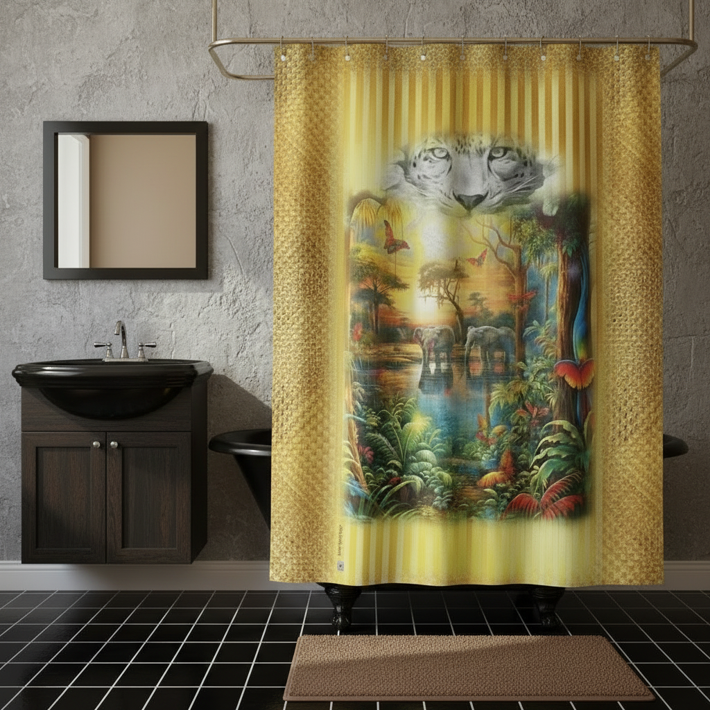 Bathroom with a colorful nature-themed shower curtain, sink, and mirror.