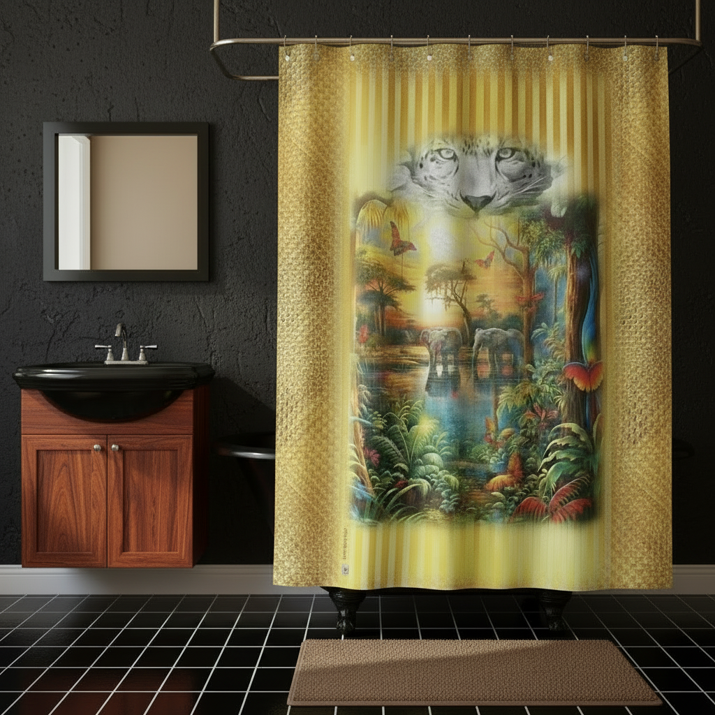 Bathroom with a colorful shower curtain featuring a nature scene.