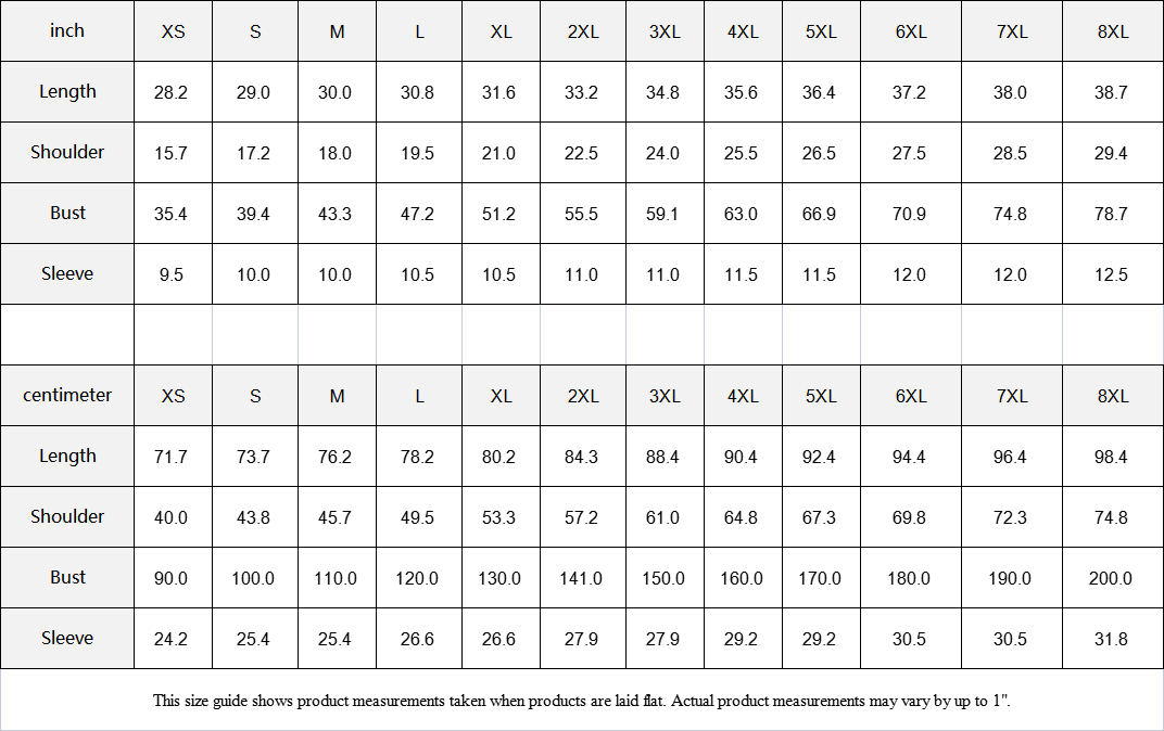 Size chart for clothing measurements in inches and centimeters with label dimensions.