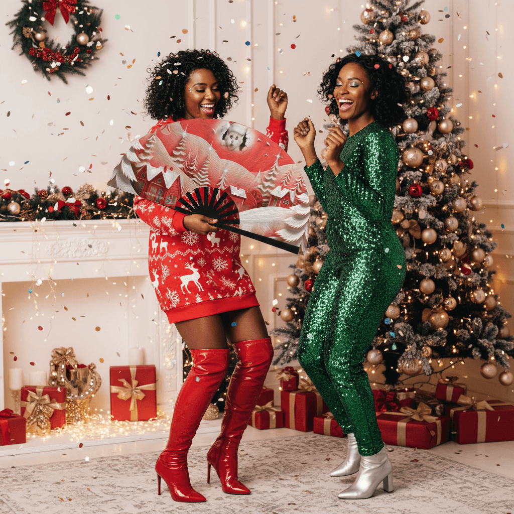 Two women in festive outfits dancing in a decorated Christmas living room.